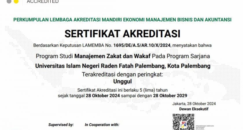 Program Studi Manajemen Zakat dan Wakaf Terakreditas dengan peringkat : Unggul